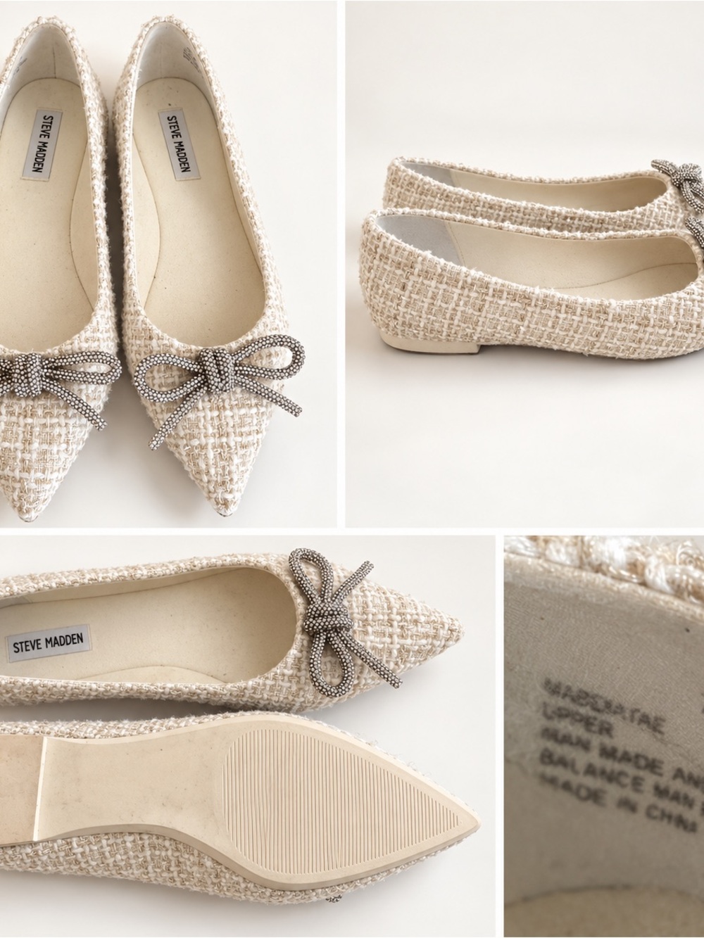 Steve Madden Cream Tweed Pointed Flats with Crystal Bow